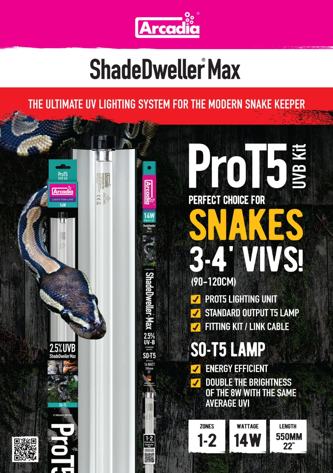 ARCADIA lampa ProT5 1x14W ze świetlówką Shade Dweller-Max 2,5% UVB