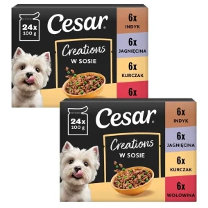 Cesar Creations 48×100 g Wołowina z marchewką, Kurczak z groszkiem, Jagnięcina z warzywami i Indyk z marchewką w sosie