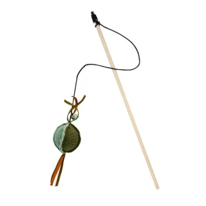 Drewniana wędka dla kota z piłką – zabawka dla kota, szaro-brązowa – 40 cm