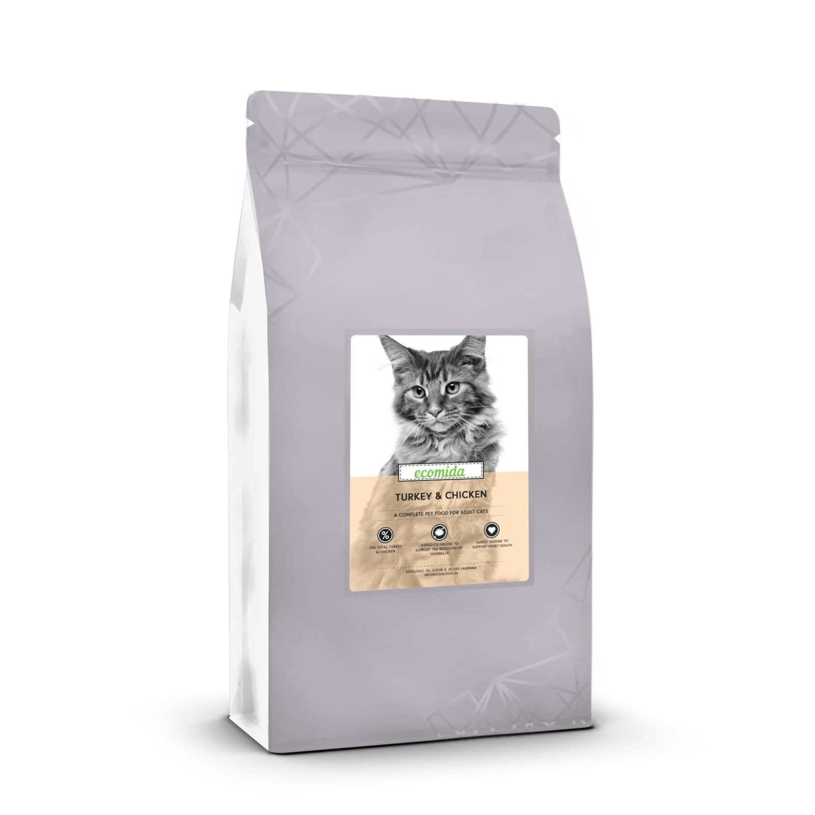 Ecomida Connoiseur Bez Zbóż Hypoallergenic Indyk, Kurczak 1,5 kg sucha karma Kot Dorosły, Sterylizowany, Kule włosowe
