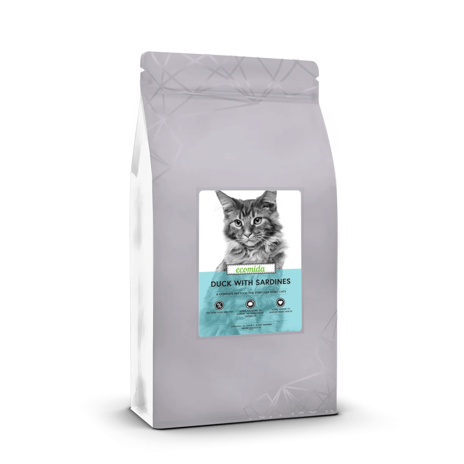 Ecomida Connoisseur Bez Zbóż Hypoallergenic Kaczka Sardynki 1,5 kg sucha karma Kot Dorosły, Sterylizowany, Kule włosowe