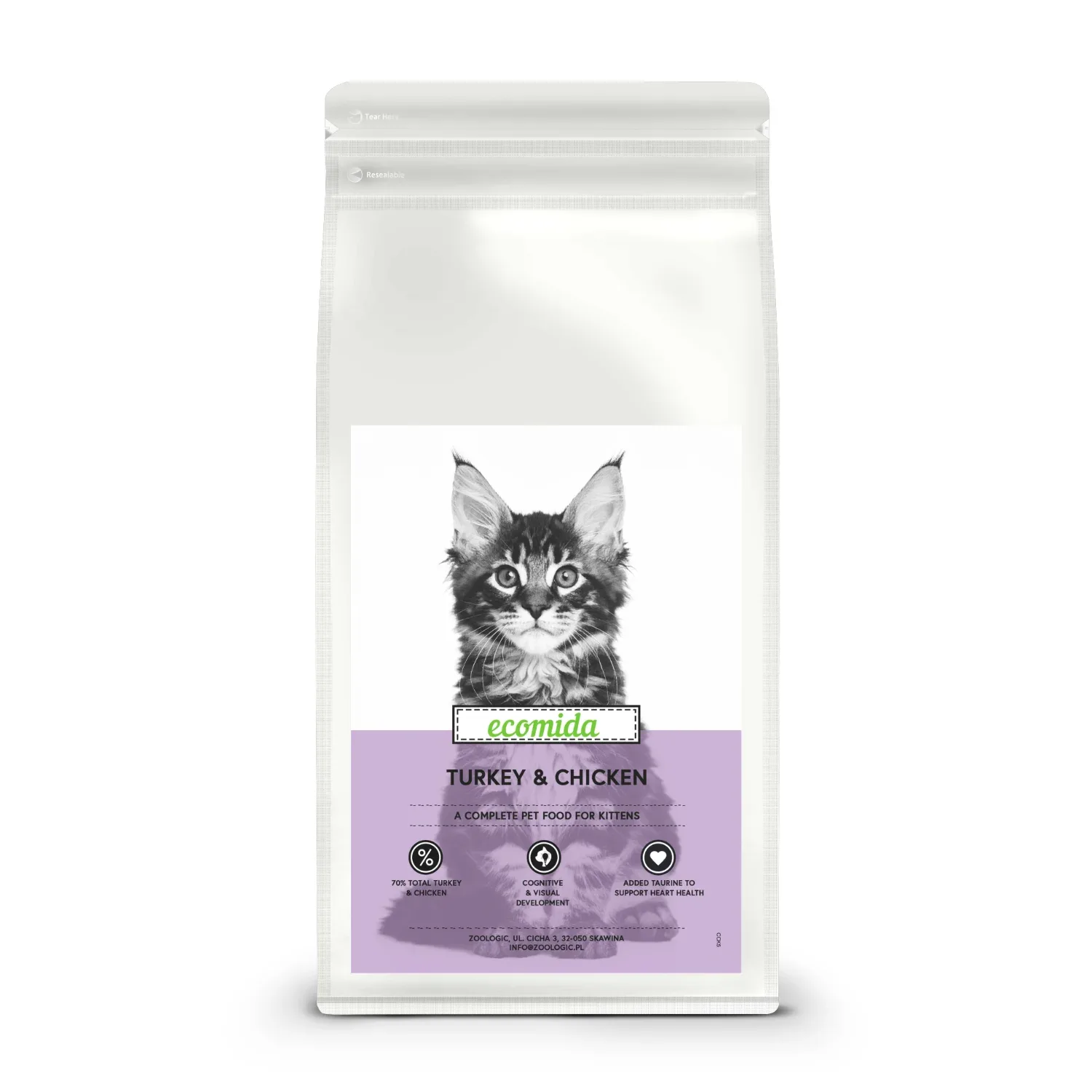 Ecomida Connoisseur KITTEN Bez Zbóż Hypoallergenic Indyk Kurczak 500g sucha karma dla KOCIĄT
