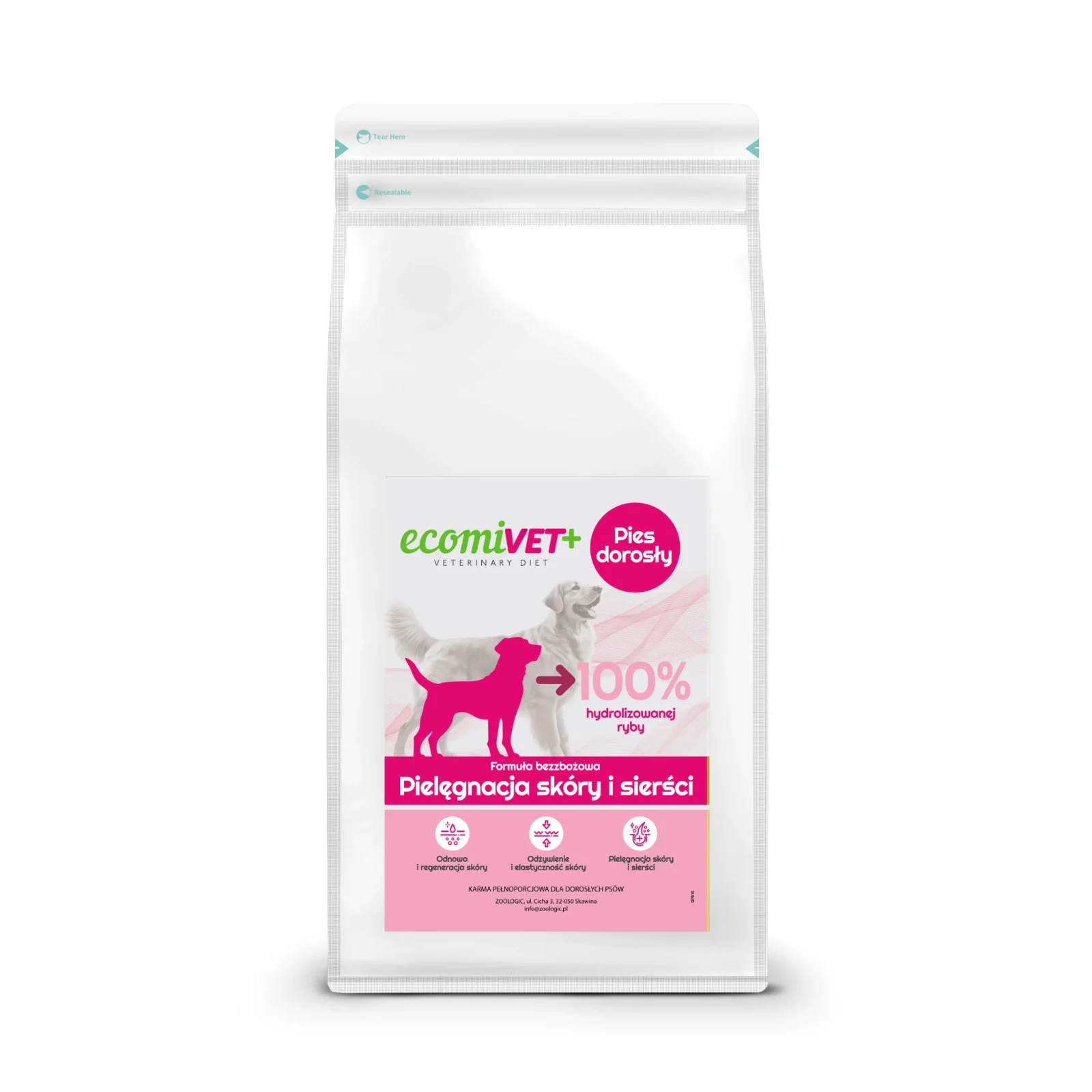 ecomiVET+ Hypoallergenic Skóra Sierść 1 kg 100% hydrolizat Łosoś Biała Ryba