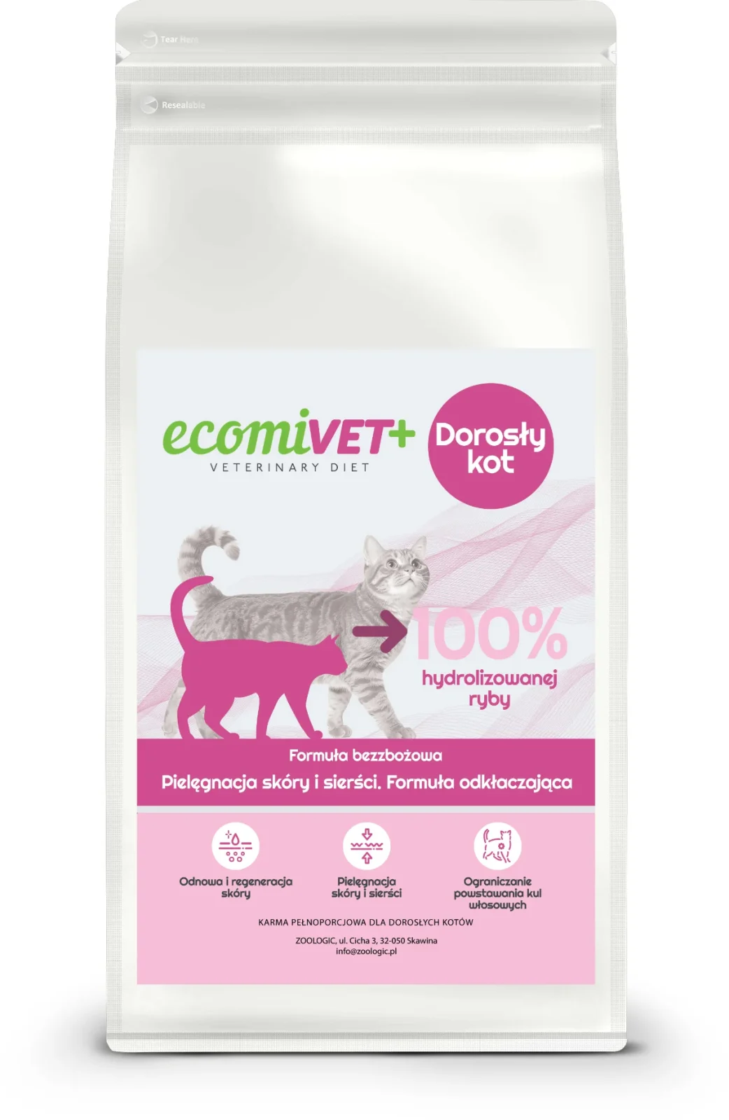 ecomiVET+ SKÓRA I SIERŚĆ 500g dieta Bez Zbóż KOTY 100% hydrolizat Łosoś