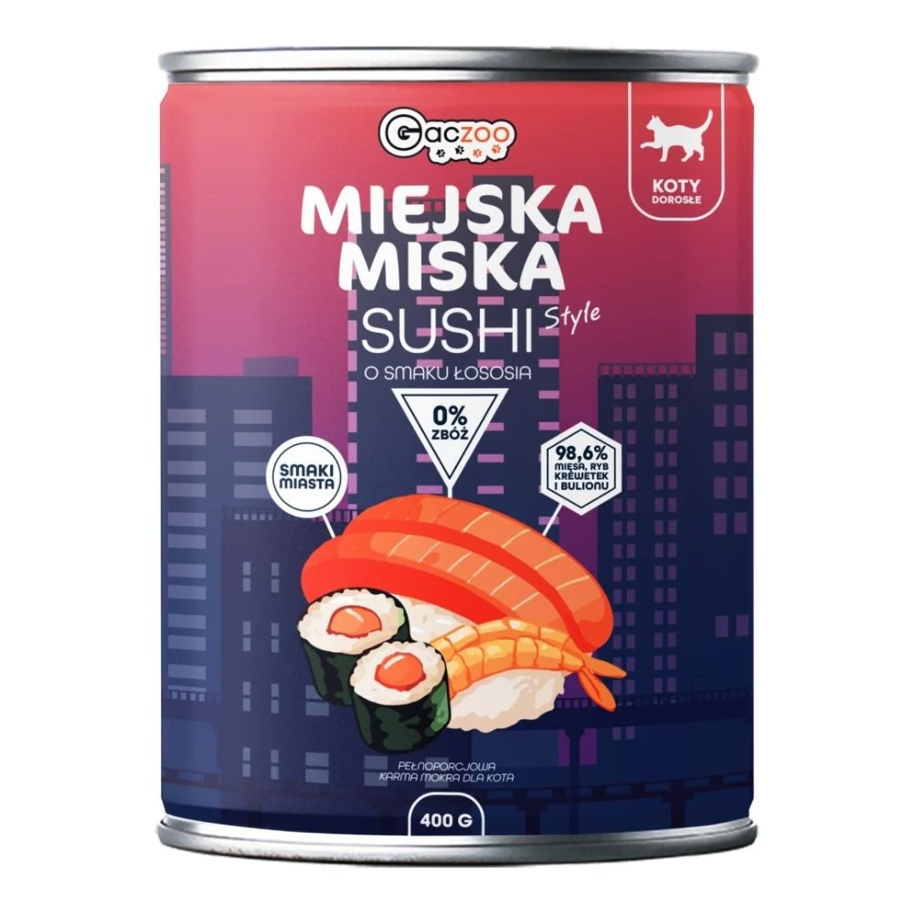 Gaczoo Miejska Miska Sushi z Rybą – 400 g – bezzbożowa karma mokra dla kota z indykiem i łososiem