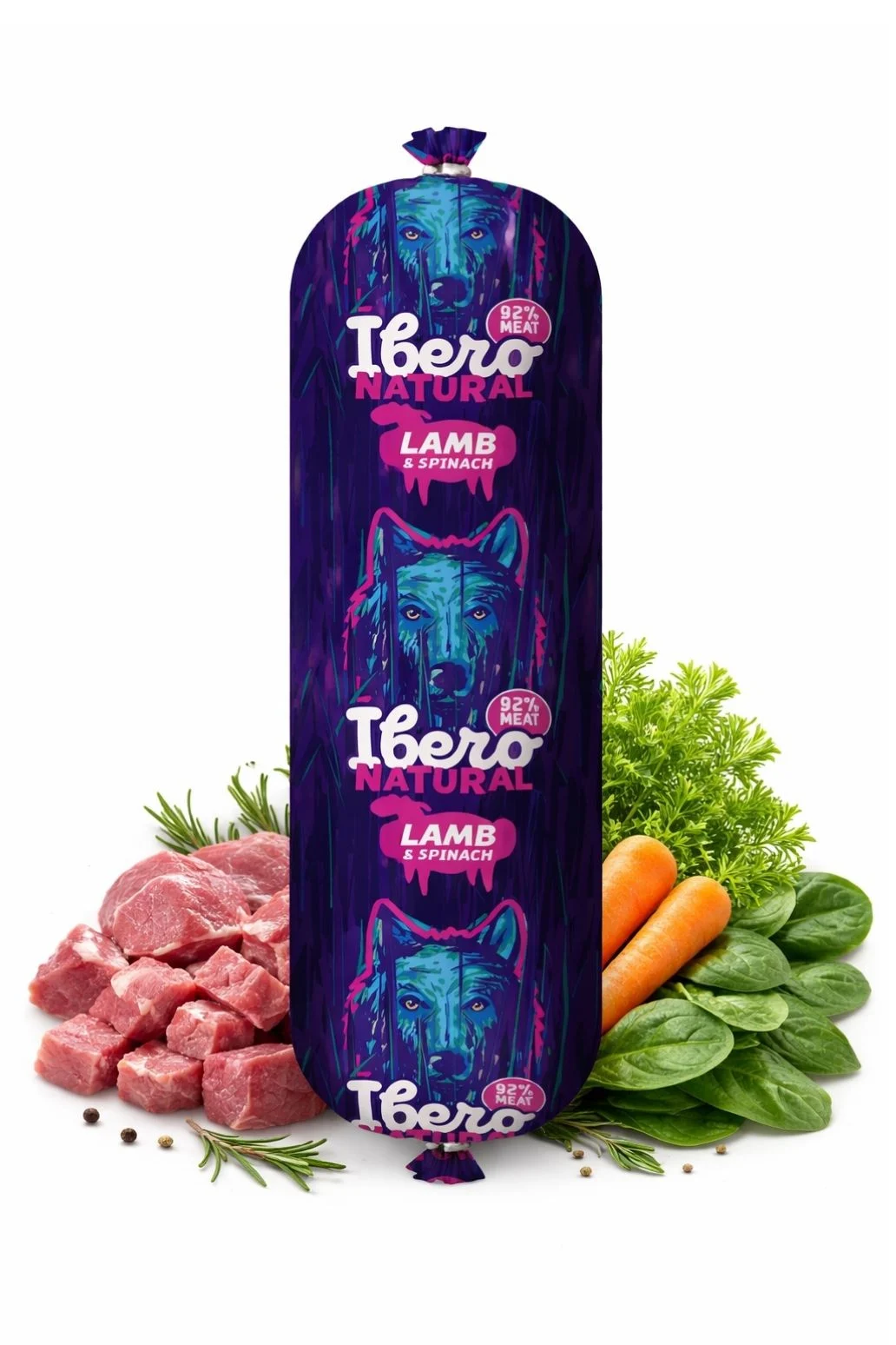 Ibero Natural Sausage Lamb & Spinach – 800 g – naturalna karma uzupełniająca dla psów wszystkich ras i w każdym wieku z jagnięciną i szpinakiem
