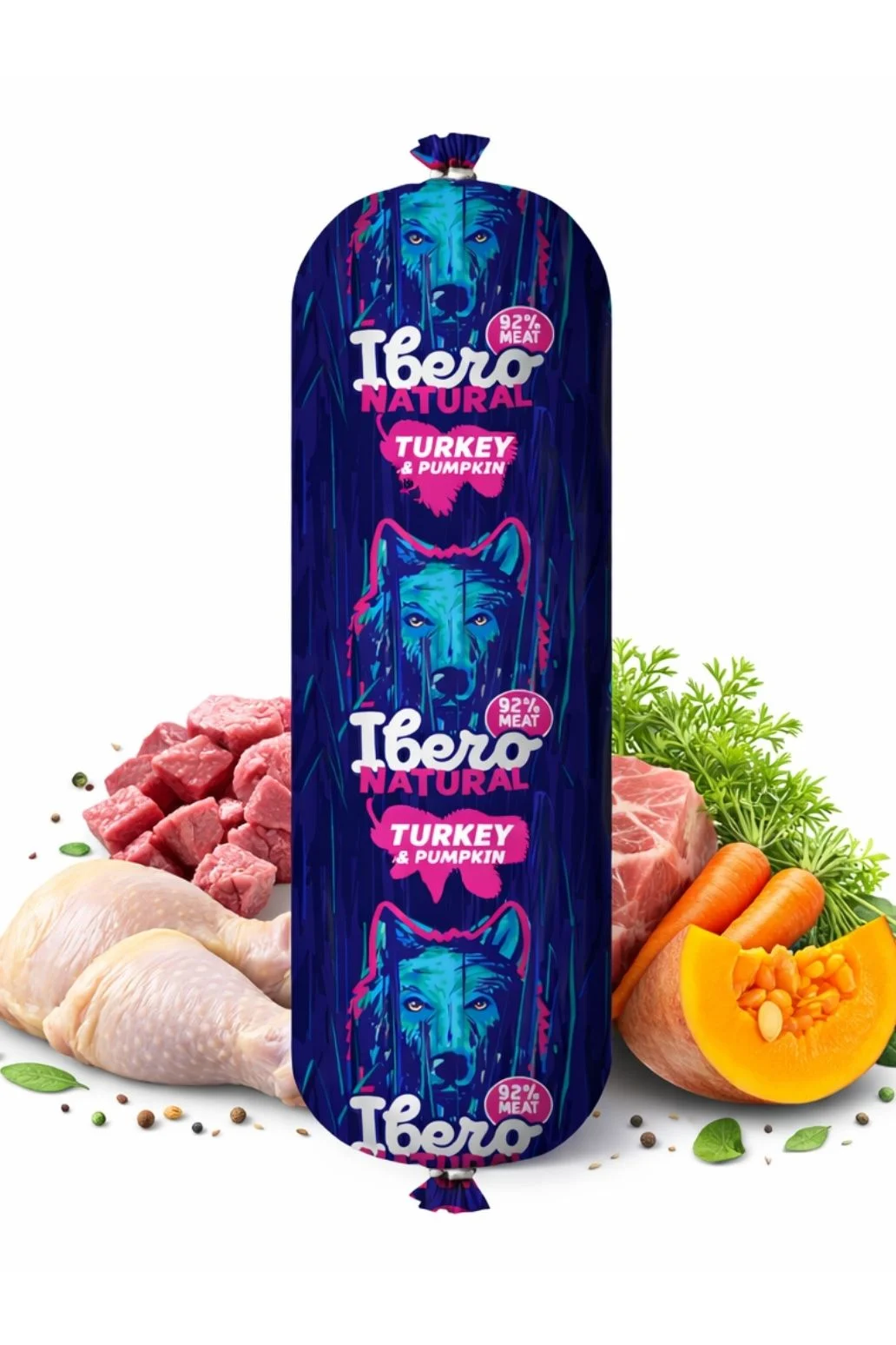 Ibero Natural Sausage Turkey & Pumpkin – 800 g – naturalna karma uzupełniająca dla psów wszystkich ras i w każdym wieku z indykiem i dynią