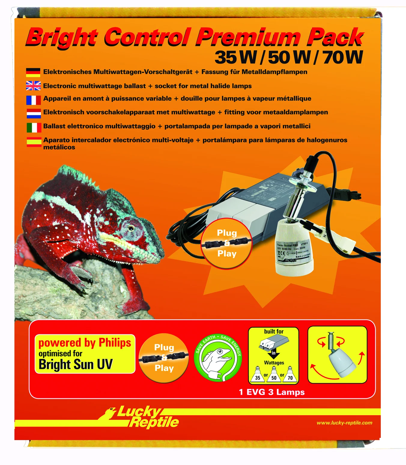 LUCKY REPTILE Zestaw montażowy ze statecznikiem zmiennym 35/50/70W, oprawką kątową i kompletem okablowania