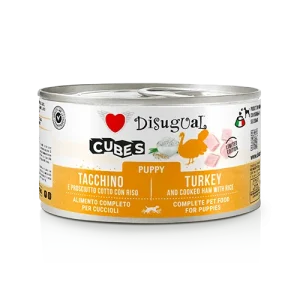 Mokra karma dla szczeniąt – Disugual Cubes – Indyk z szynką prosciutto i ryżem – 92% mięsa – 150g