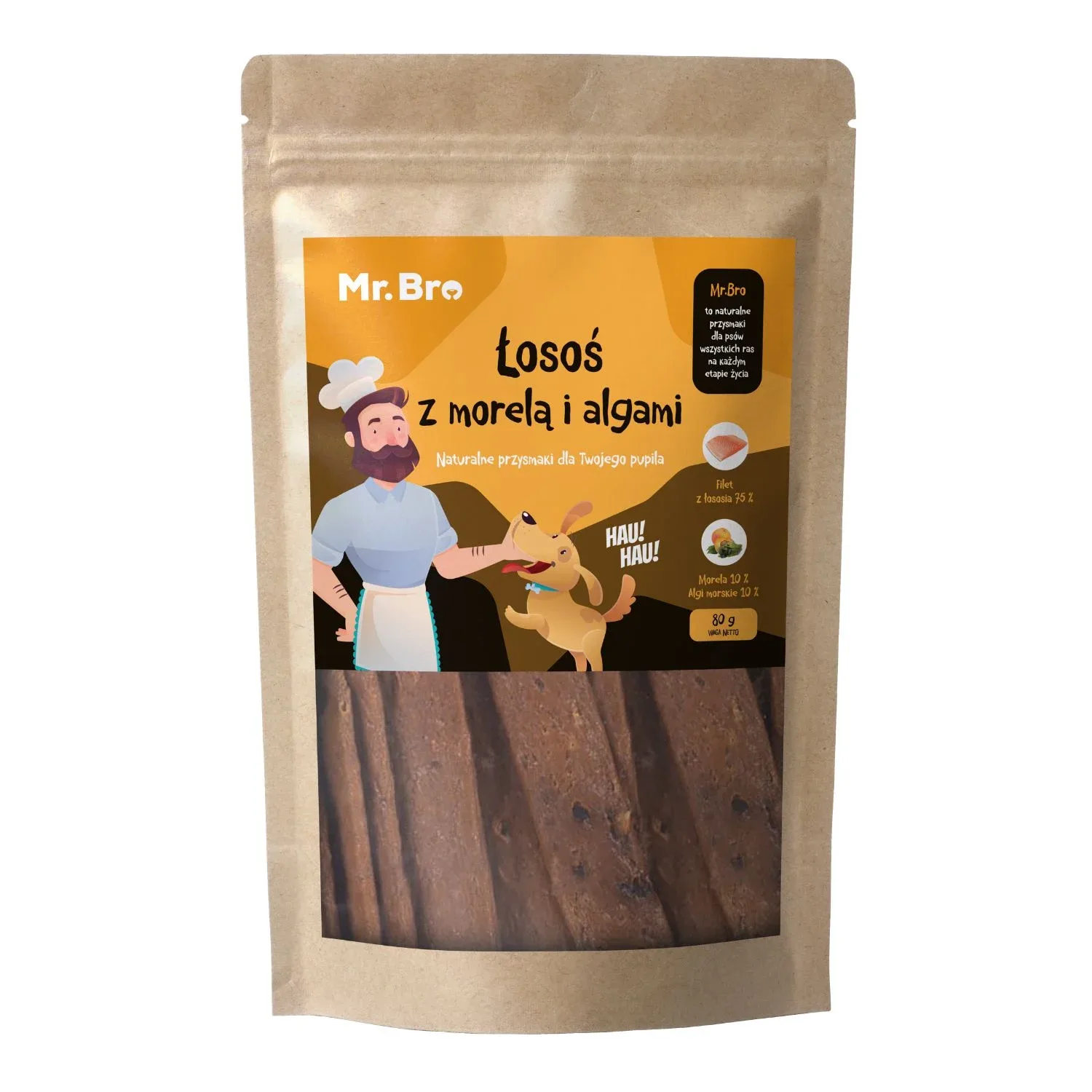 Mr. Bro Strips Łosoś z Morelą i Algami 80g – Suszone Powietrzem