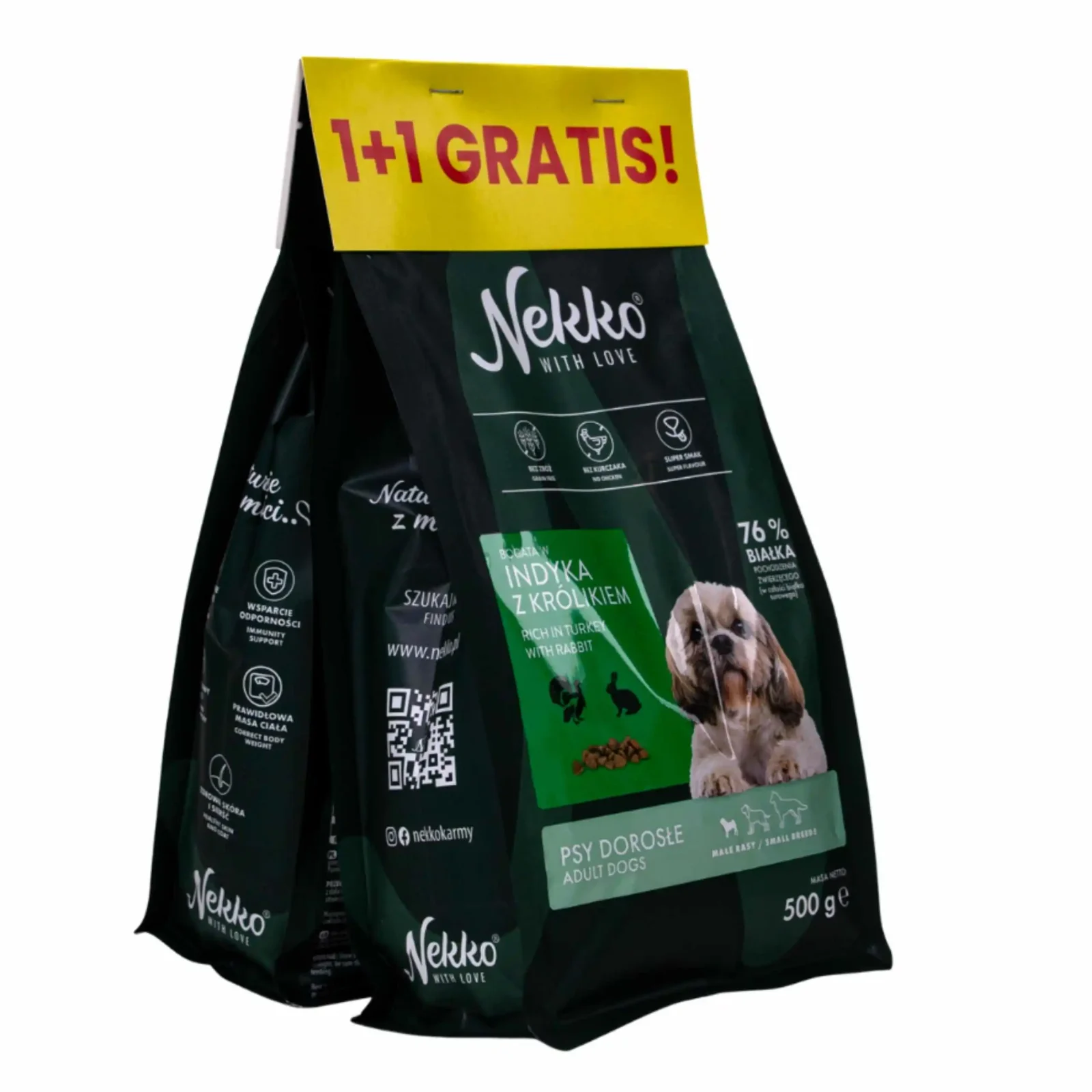 NEKKO Grain Free Adult Małe Rasy Indyk z Królikiem 500g+500g