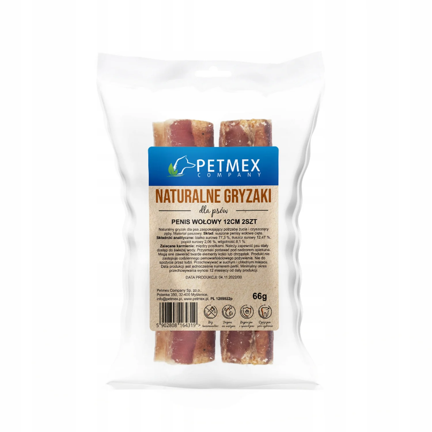 Petmex Penis Wołowy Cięty Gryzak Naturalny 12cm 2szt