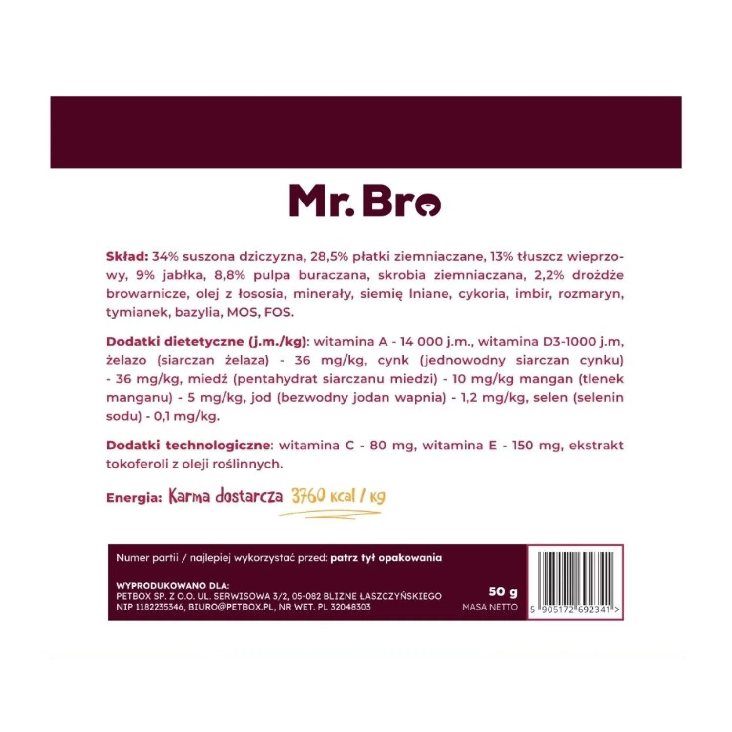 PRÓBKA Mr. Bro Dziczyzna Sucha Karma Dla Psów Dorosłych 50g - Image 2