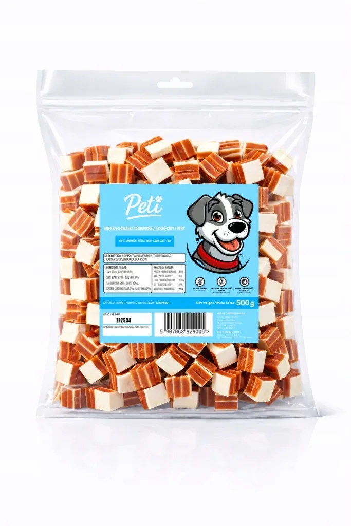 Przysmak dla psa smakołyk trenerki PETI 8 Sandwiche z Jagnięciny i Ryby 500g