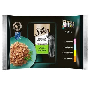 SHEBA Delicacy Fine Flakes Wybór Smaków saszetki 4x85 g – mokra karma pełnoporcjowa dla dorosłych kotów, w galaretce (kawałki z: łososiem, białą rybą, kurczakiem, indykiem)