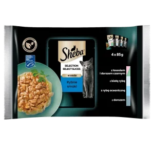 SHEBA Selection Select Slices Rybne Smaki saszetki 4x85 g – mokra karma pełnoporcjowa dla dorosłych kotów, w sosie (kawałki z: łososiem i dorszem czarnym, białą rybą, rybą oceaniczną, dorszem)