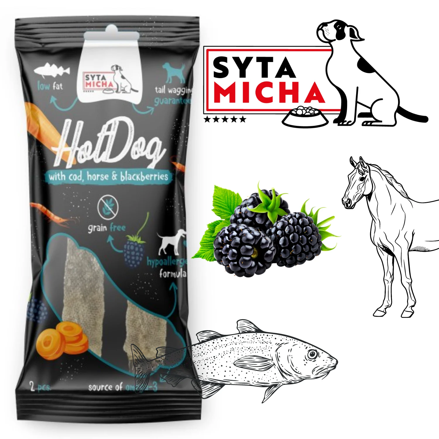 Syta Micha Hot Dog Do Żucia – Konina Z Jeżynami W Skórze Dorsza 2 szt. - Image 2