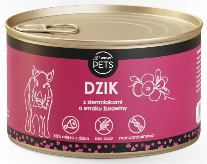 WOW!Pets Karma mokra PSY Monobiałkowa DZIK Ziemniak Żurawina 86% mięsa 410g