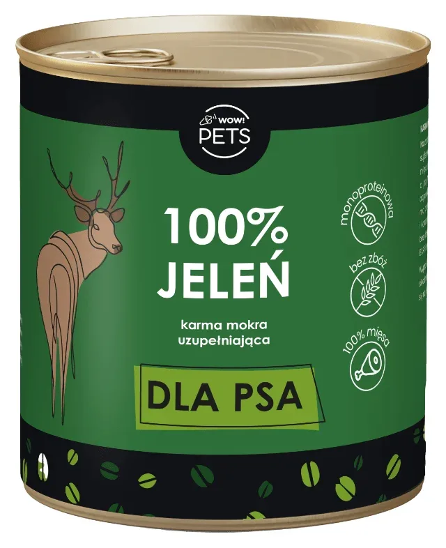 WOW!Pets Karma mokra PSY Monobiałkowa JELEŃ 100% mięsa szkieletowego 850g