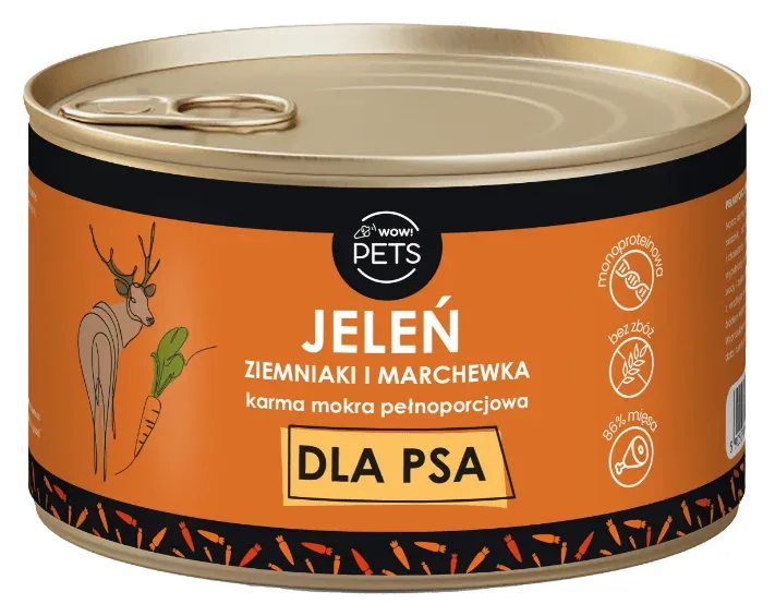 WOW!Pets Karma mokra PSY Monobiałkowa JELEŃ Ziemniak Marchew 86% mięsa 410g