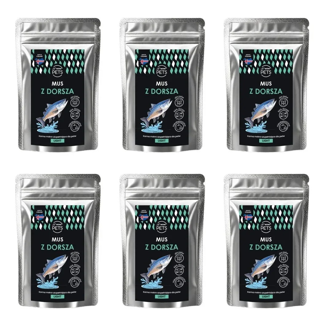 WOWPets Karma mokra PSY Monobiałkowa MUS z DORSZA (Light) saszetka 6×100 g