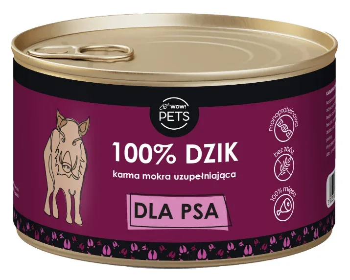 WOW!Pets Karma mokra uzupełniająca PSY Monobiałkowa DZIK 100% mięsa 410g