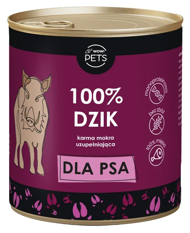 WOW!Pets Karma mokra uzupełniająca PSY Monobiałkowa DZIK 100% mięsa 850g