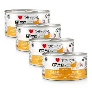 Zestaw 4x Mokra karma dla szczeniąt – Disugual Cubes – Indyk z szynką prosciutto i ryżem – 92% mięsa – 4x150g